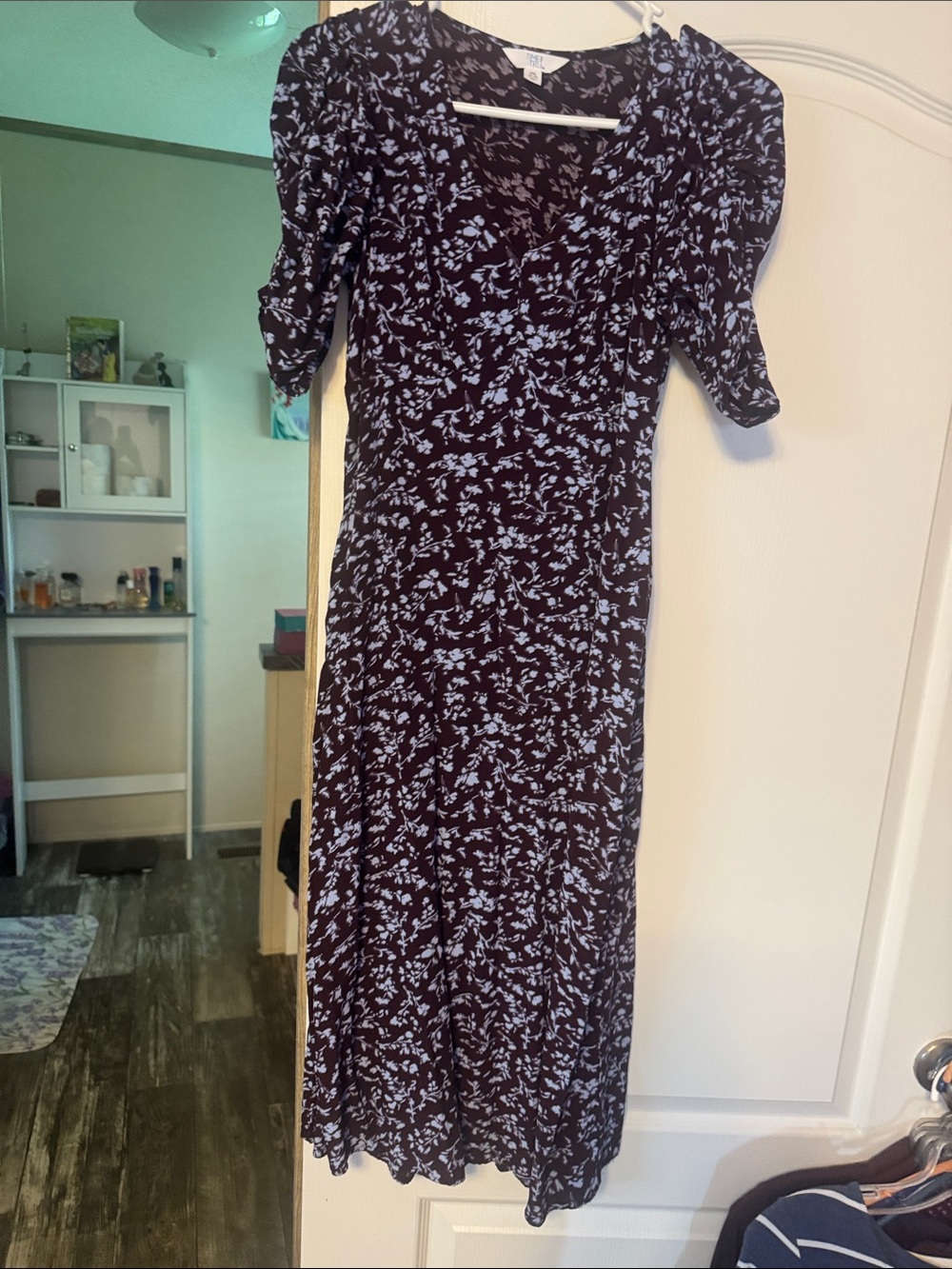 Time and Tru Black Midi Dress with Light Blue Floral Print